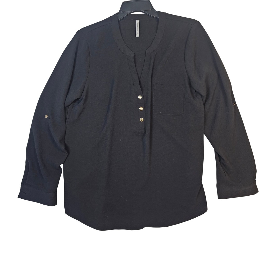 DNA Couture Women XL Black Roll Tab Sleeve‎ Split V-Neck Button Blouse Top
